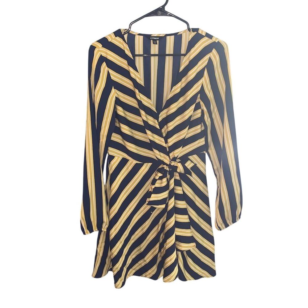 Express Women's M‎ Bold Striped Tie-Front Midi Dress Navy Yellow